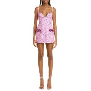 $1695 Area Women's Crystal Grape Trim Wool Tweed Mini Dress Fuchsia Multi Size 6